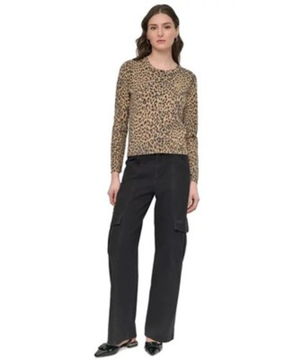 DKNY Jeans Cheetah-Print Cardigan Sweater Women's XS Brown Multi Long Sleeve